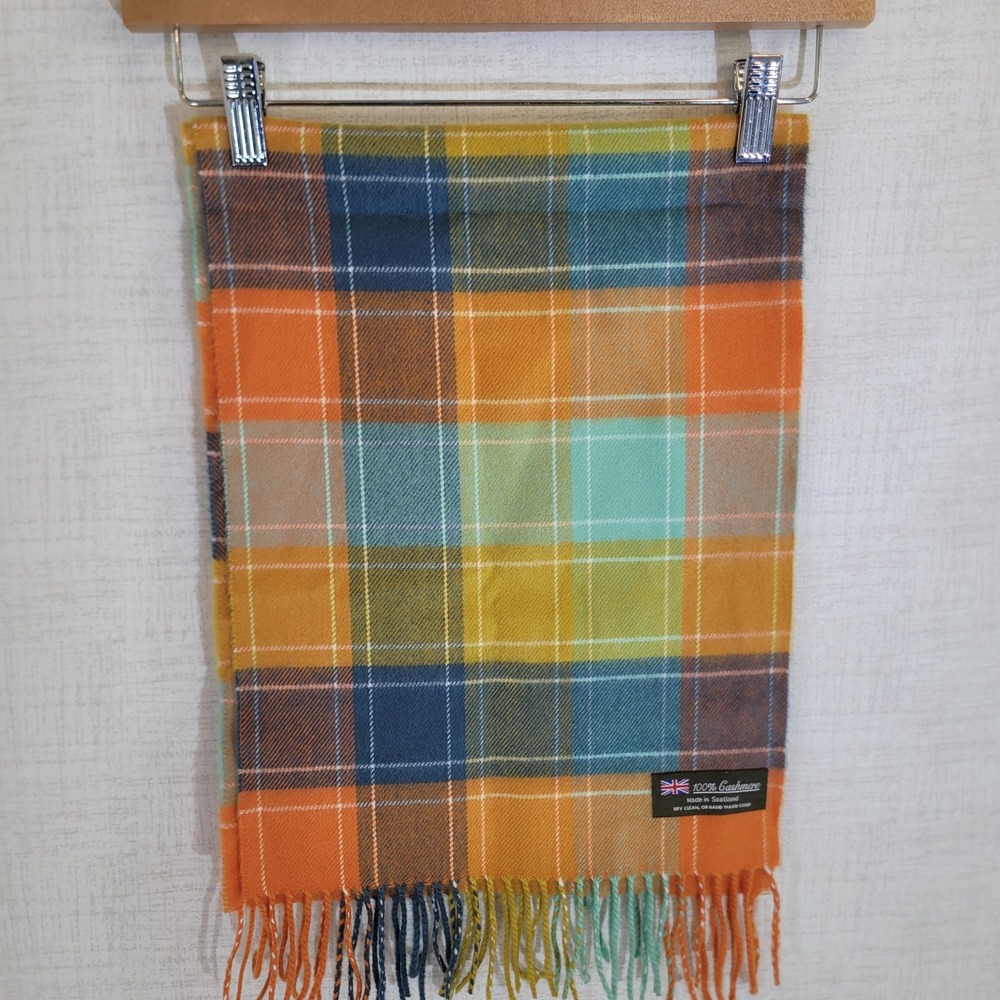 100% Cashmere Scarf Made in Scotland Plaid Tartan Fringe Orange Blue EUC
